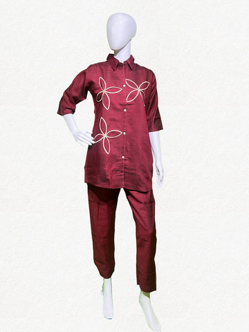 Happiora Crimson Canvas: Embroidered Silk-Blend Co-ord Set