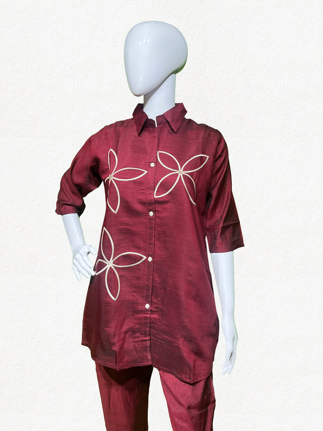 Happiora Crimson Canvas: Embroidered Silk-Blend Co-ord Set