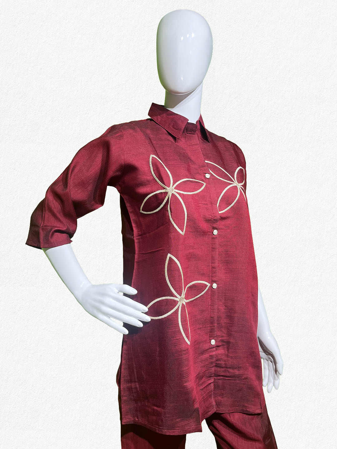 Happiora Crimson Canvas: Embroidered Silk-Blend Co-ord Set