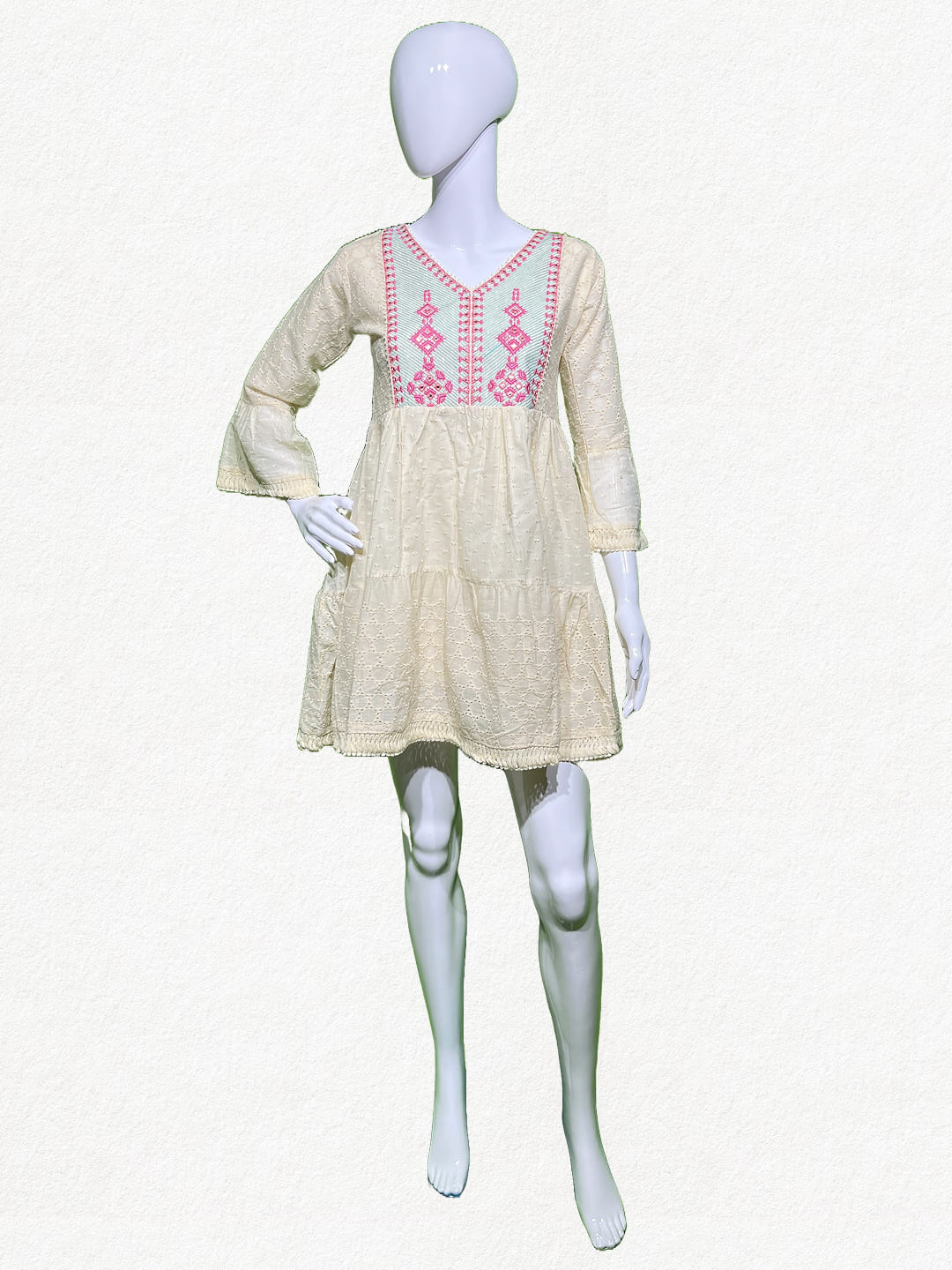 Ivory Grace: Hakoba Cotton Tiered Tunic with Geometric Embroidery