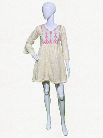 Ivory Grace: Hakoba Cotton Tiered Tunic with Geometric Embroidery