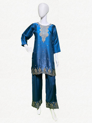 Happiora Peacock Shimmer: Embroidered Silk Co-ord Set