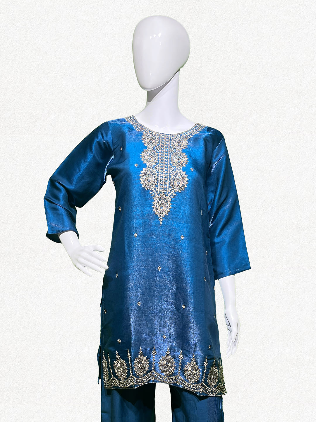 Happiora Peacock Shimmer: Embroidered Silk Co-ord Set