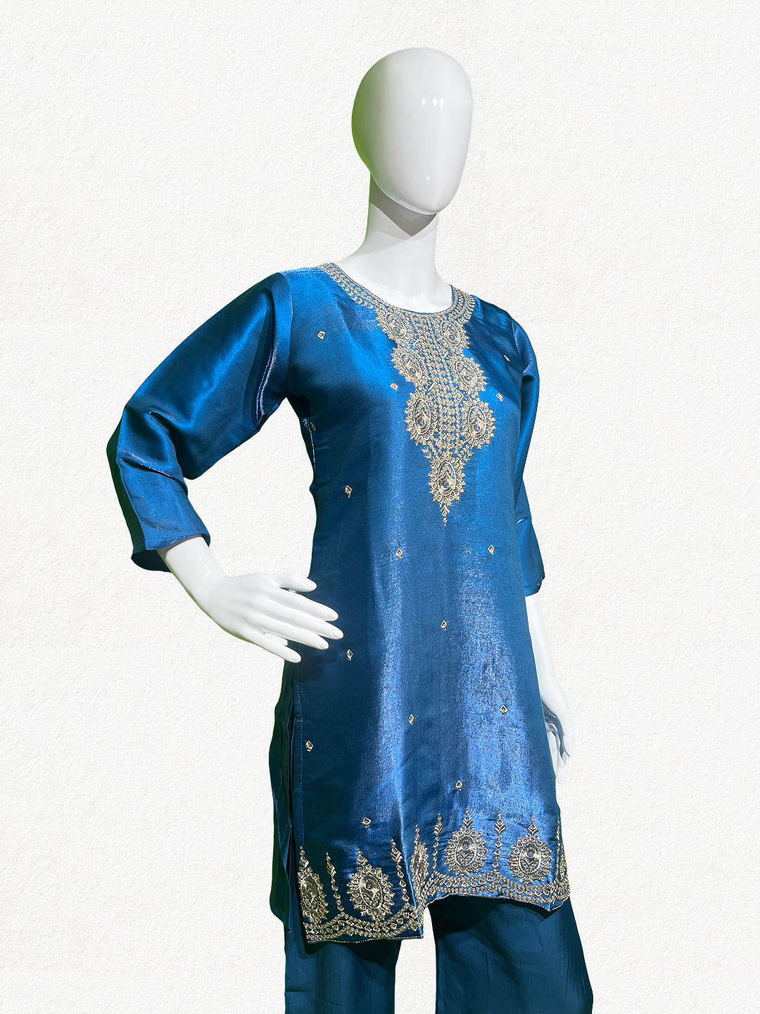 Happiora Peacock Shimmer: Embroidered Silk Co-ord Set