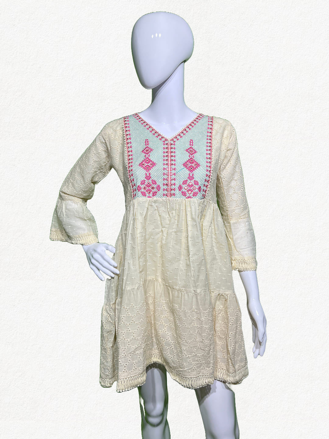 Ivory Grace: Hakoba Cotton Tiered Tunic with Geometric Embroidery