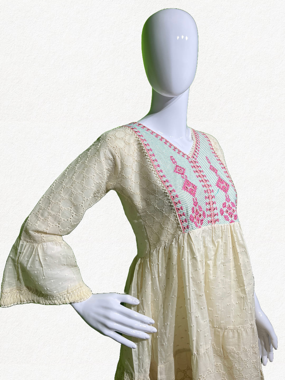 Ivory Grace: Hakoba Cotton Tiered Tunic with Geometric Embroidery