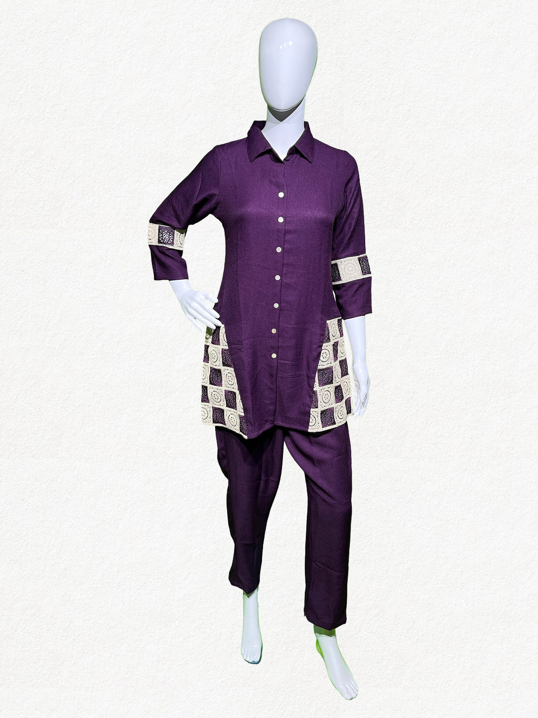 Happiora Plum Mosaic: Lace-Panel Co-ord Set