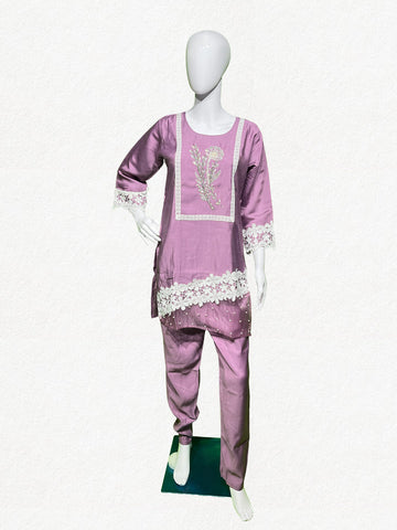 Happiora Lilac Lace: Beaded Silk-Blend Co-ord Set