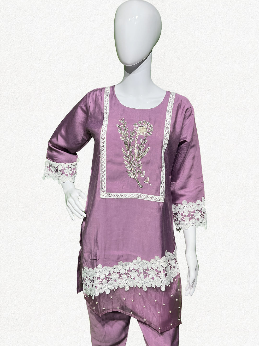 Happiora Lilac Lace: Beaded Silk-Blend Co-ord Set