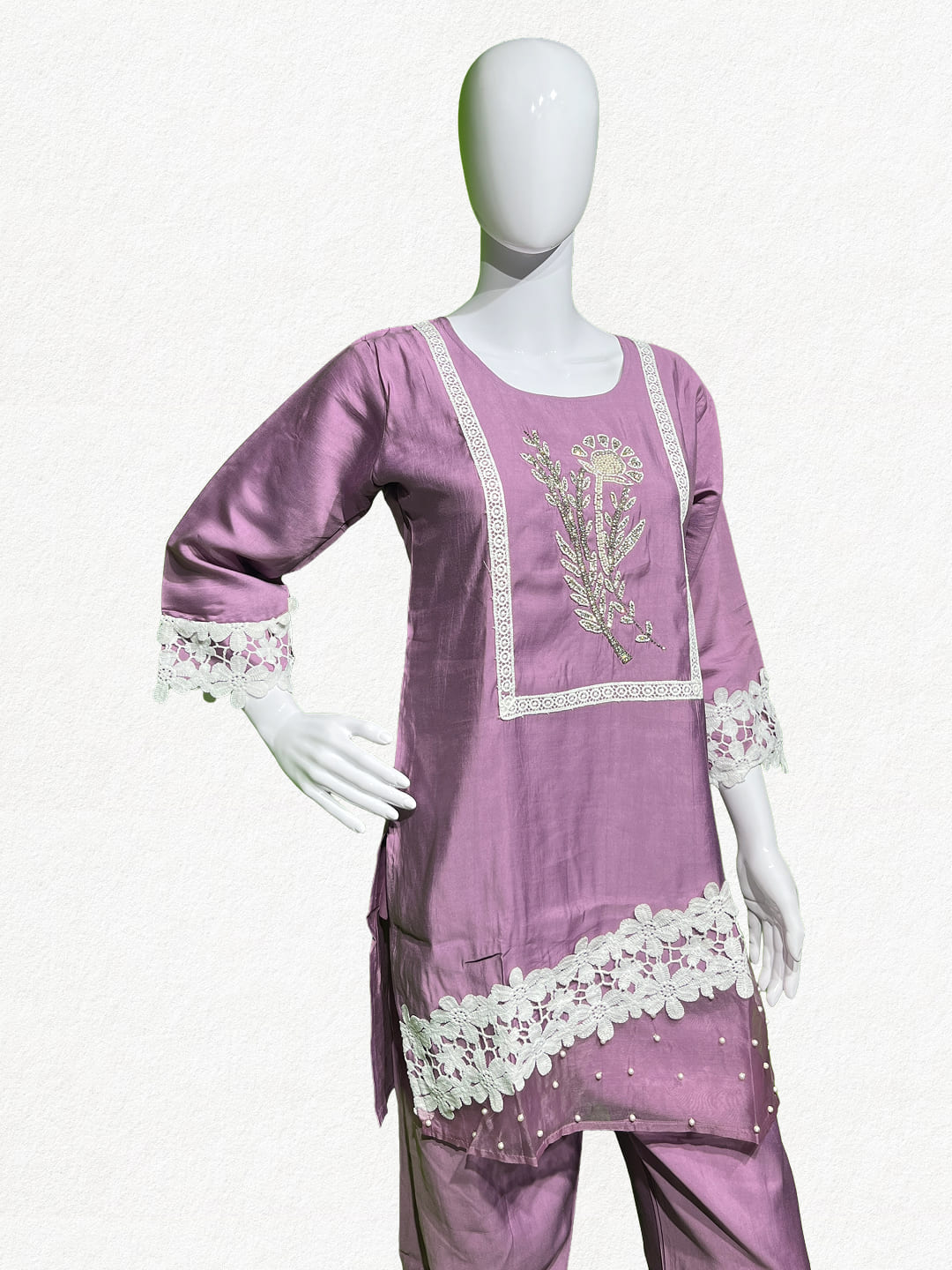 Happiora Lilac Lace: Beaded Silk-Blend Co-ord Set