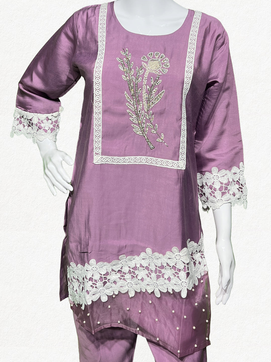 Happiora Lilac Lace: Beaded Silk-Blend Co-ord Set