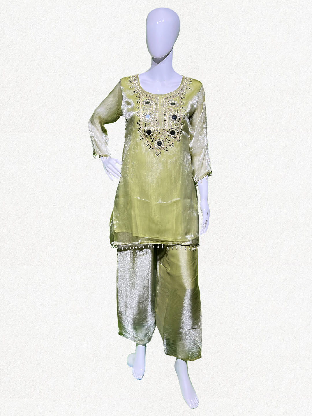 Happiora Gilded Lime: Mirror-Work Tissue Silk Co-ord Set