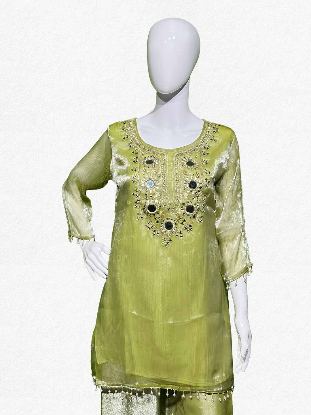 Happiora Gilded Lime: Mirror-Work Tissue Silk Co-ord Set