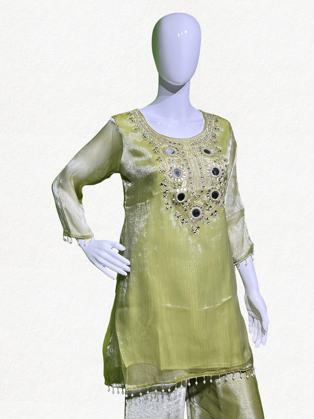 Happiora Gilded Lime: Mirror-Work Tissue Silk Co-ord Set