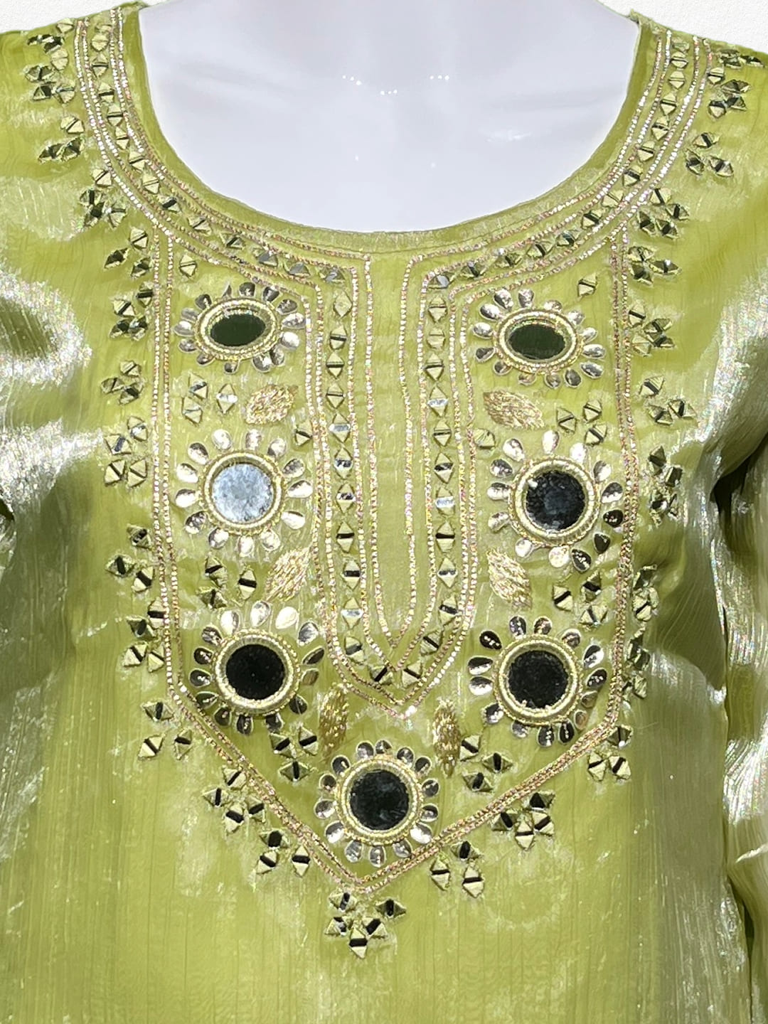 Happiora Gilded Lime: Mirror-Work Tissue Silk Co-ord Set