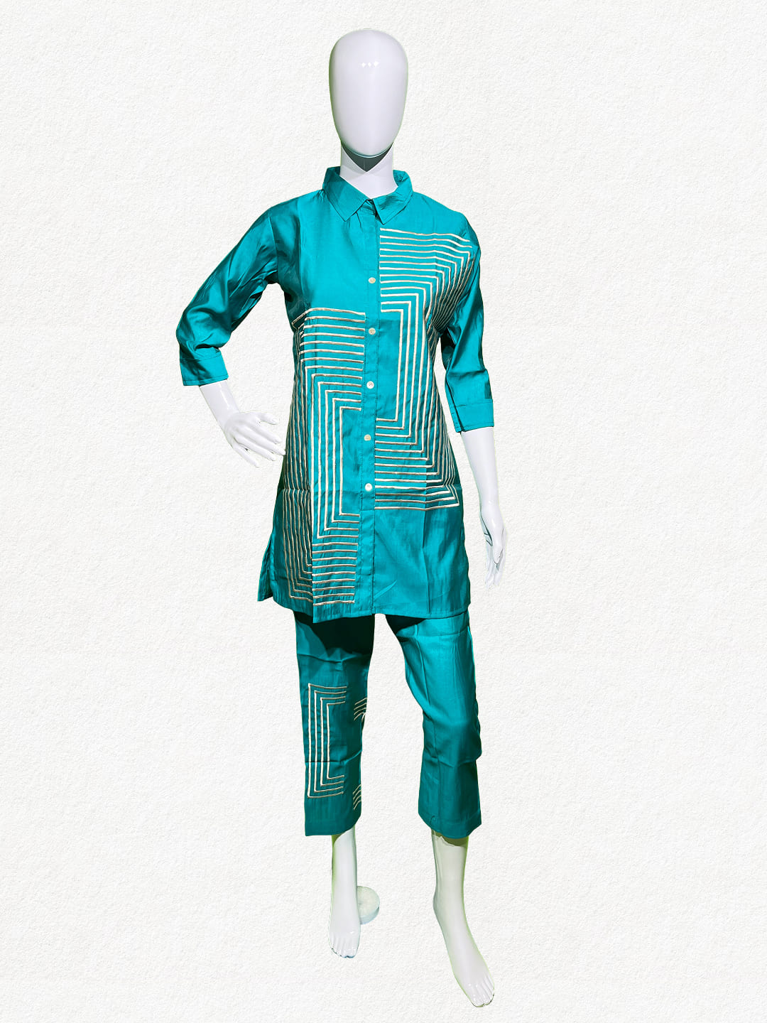 Happiora Teal Tech: Geometric Silk-Cotton Co-ord Set