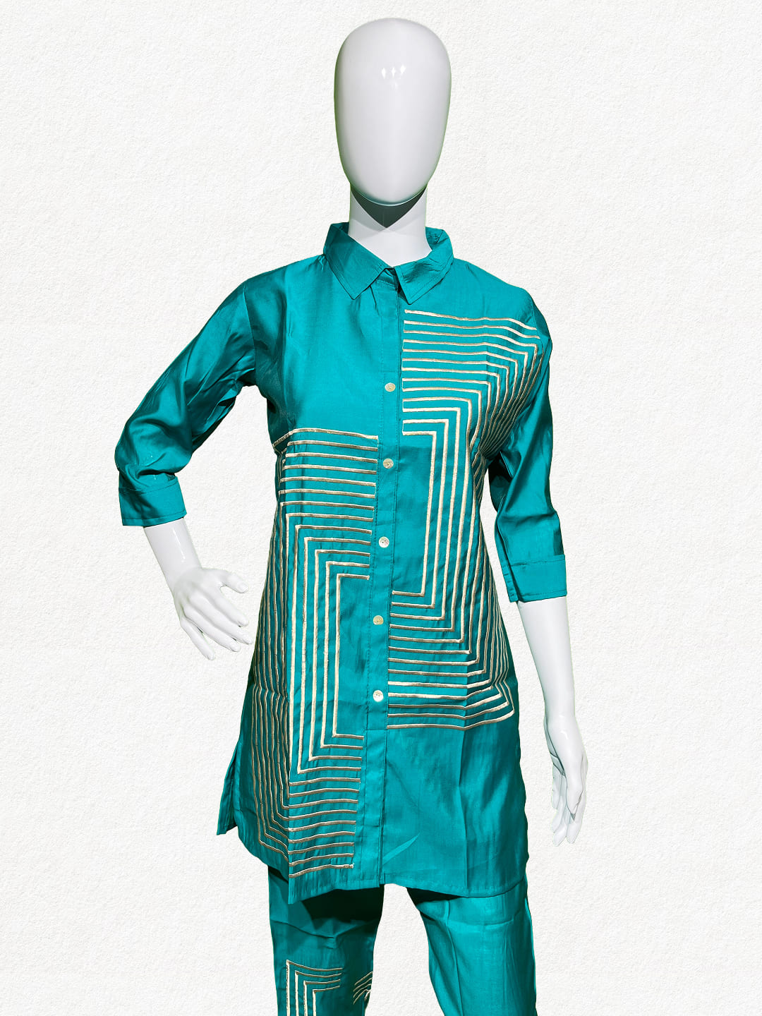 Happiora Teal Tech: Geometric Silk-Cotton Co-ord Set