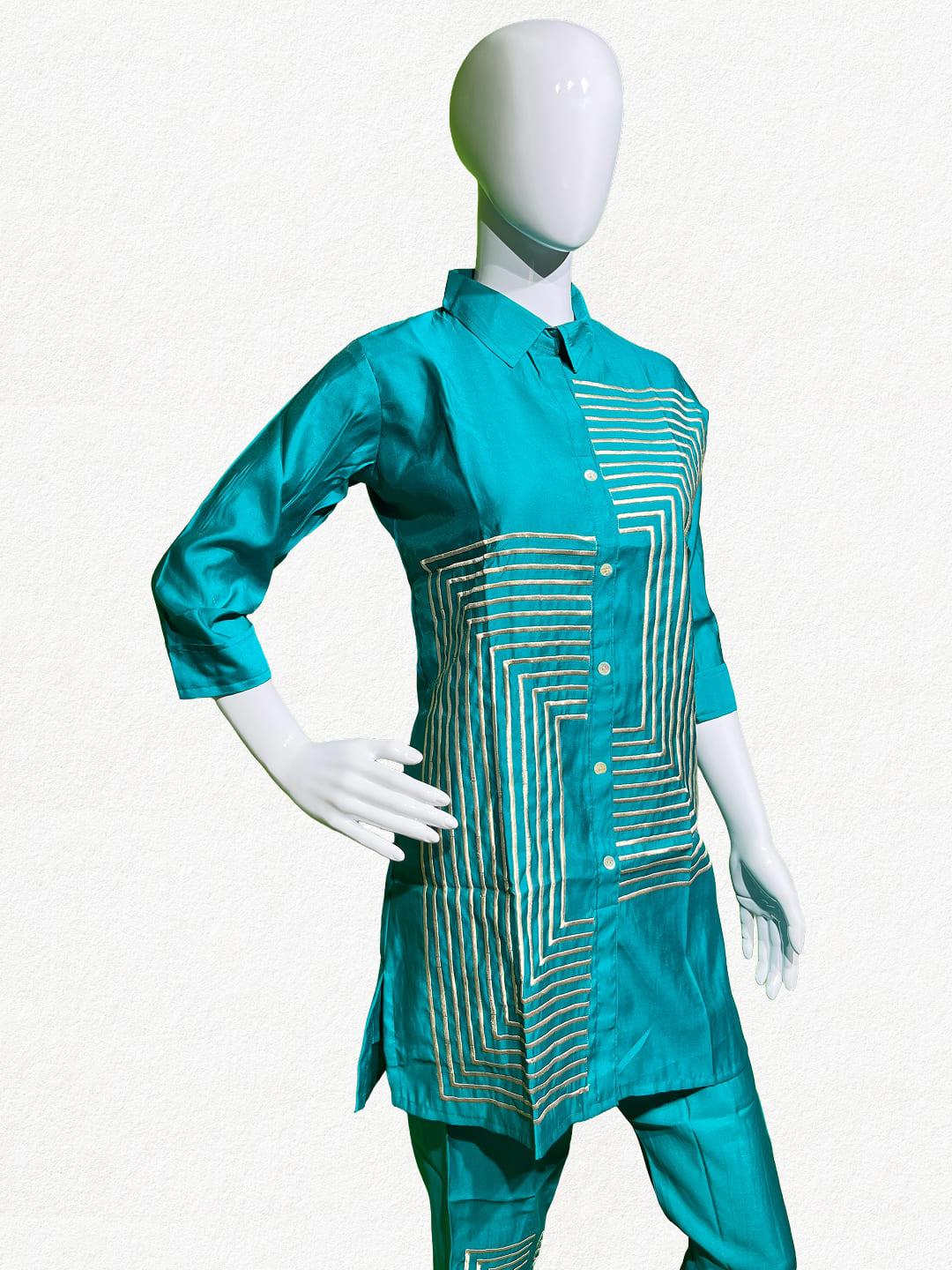 Happiora Teal Tech: Geometric Silk-Cotton Co-ord Set
