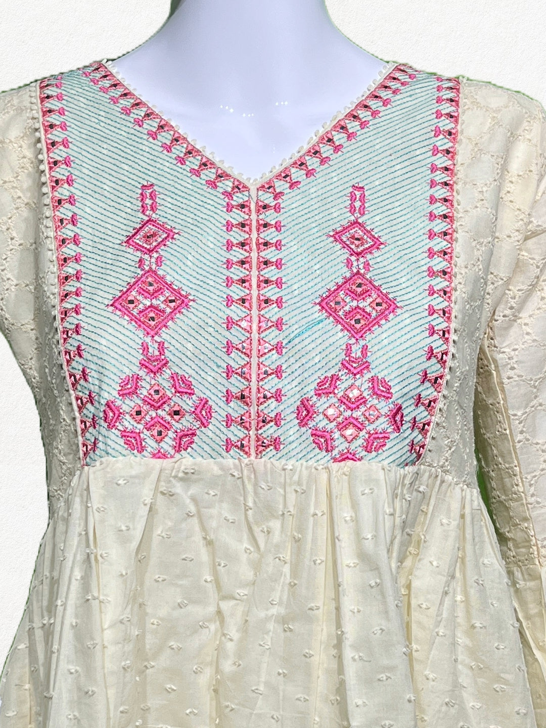 Ivory Grace: Hakoba Cotton Tiered Tunic with Geometric Embroidery