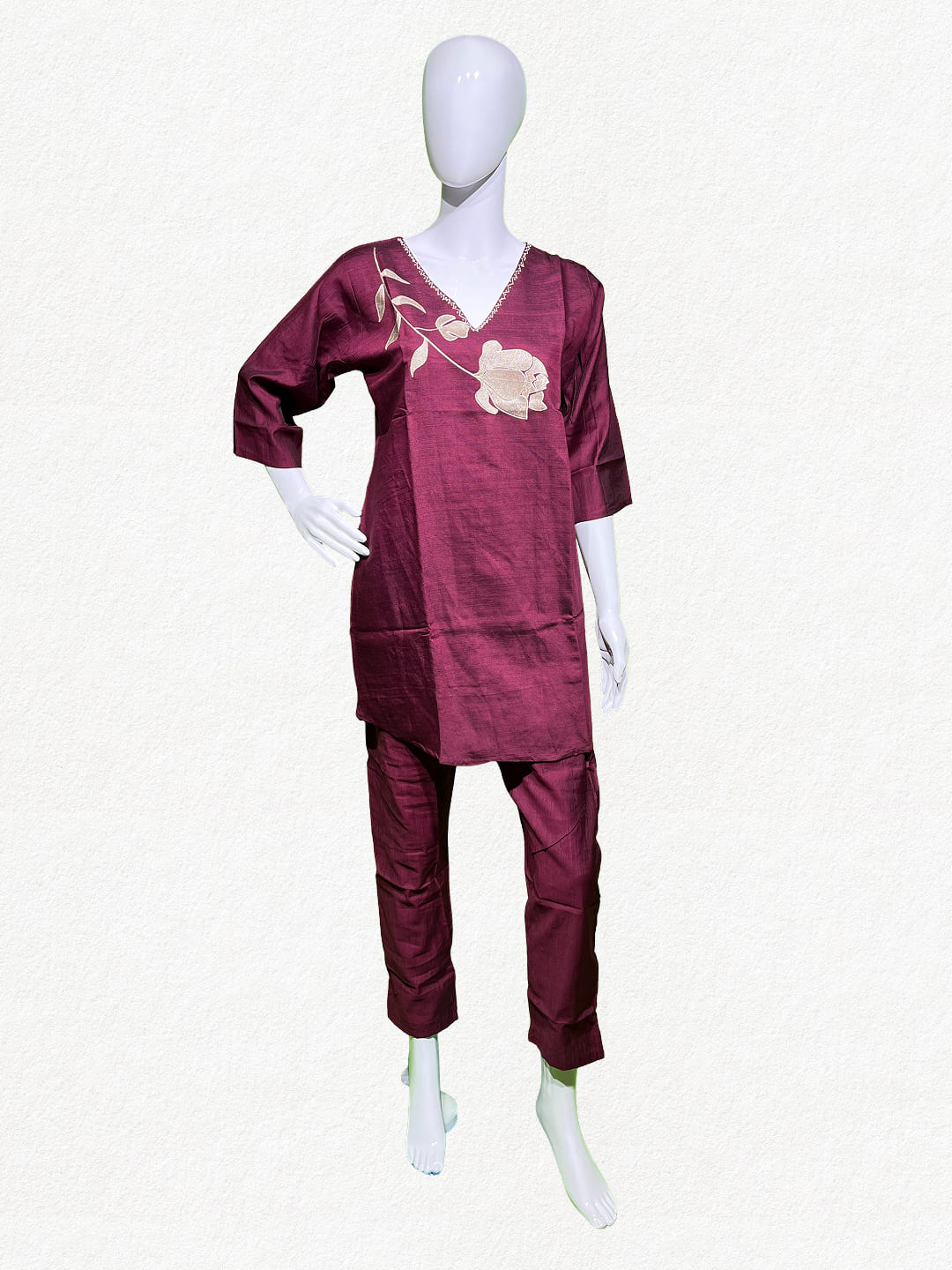 Happiora Burgundy Bloom: Embroidered Silk-Cotton Co-ord Set