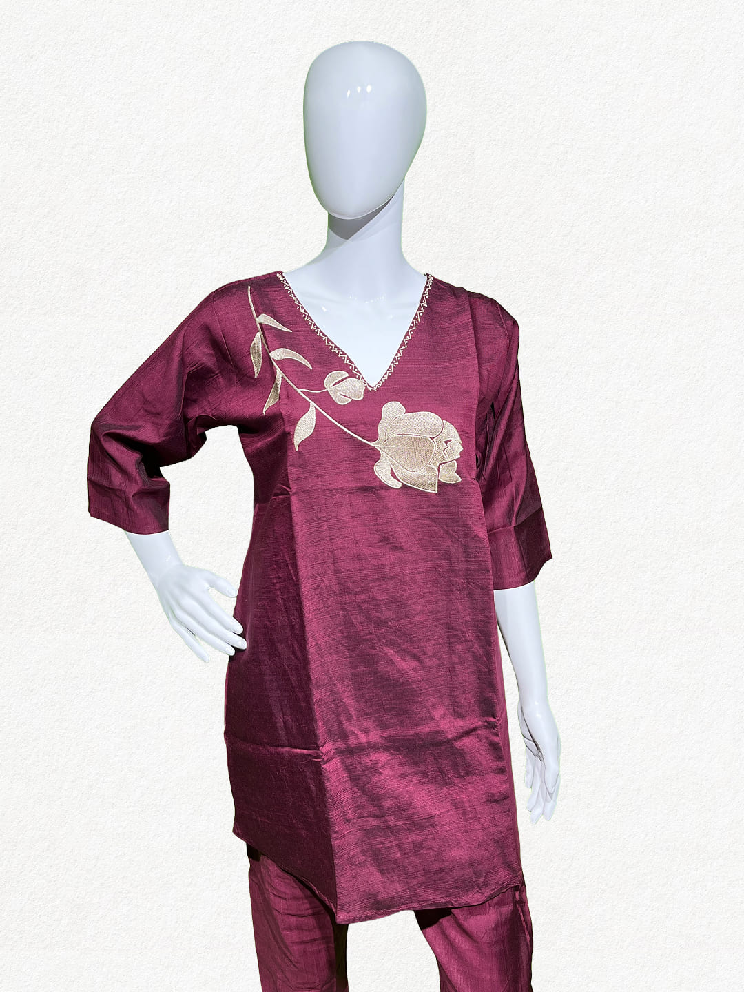 Happiora Burgundy Bloom: Embroidered Silk-Cotton Co-ord Set