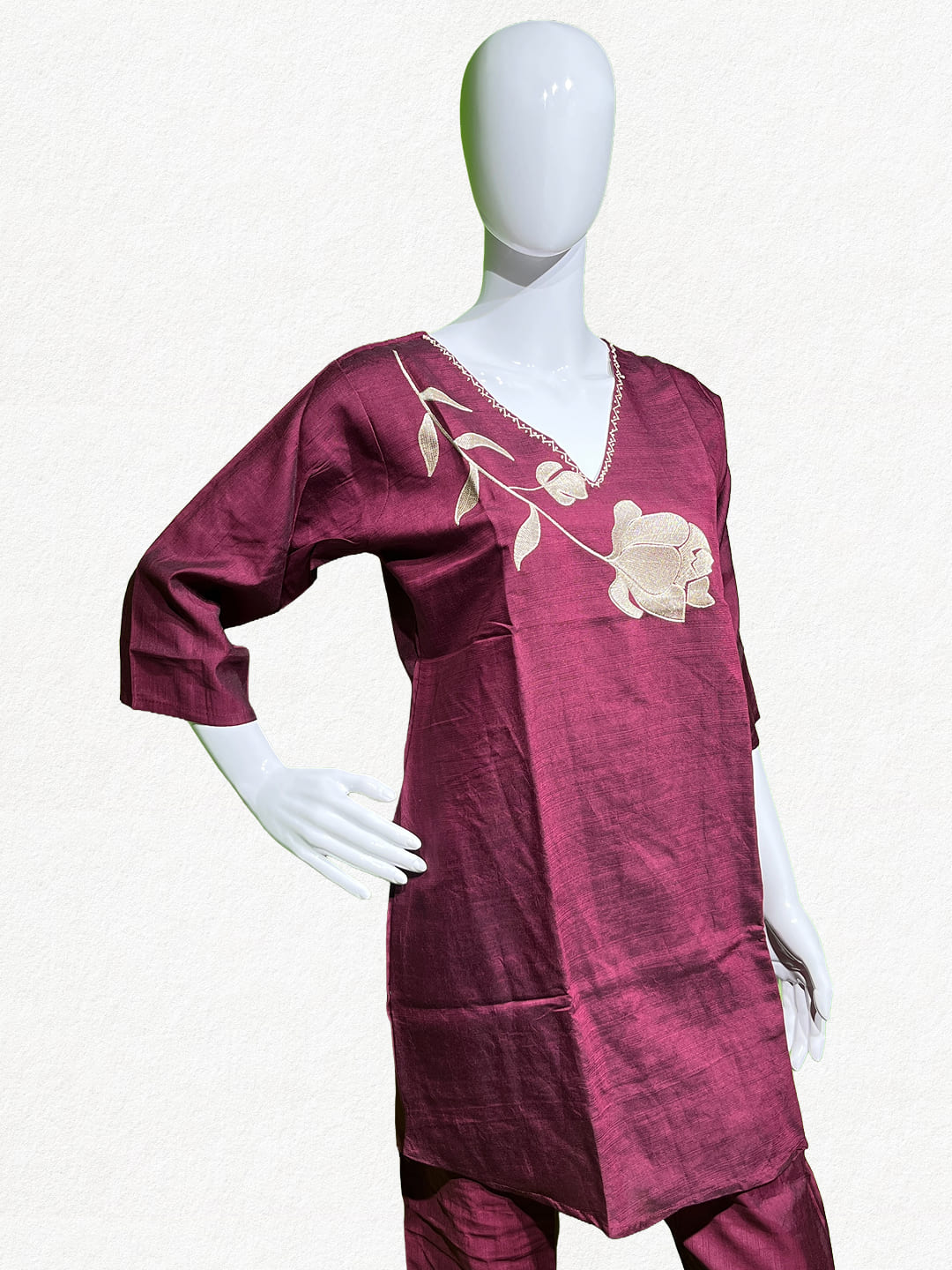 Happiora Burgundy Bloom: Embroidered Silk-Cotton Co-ord Set