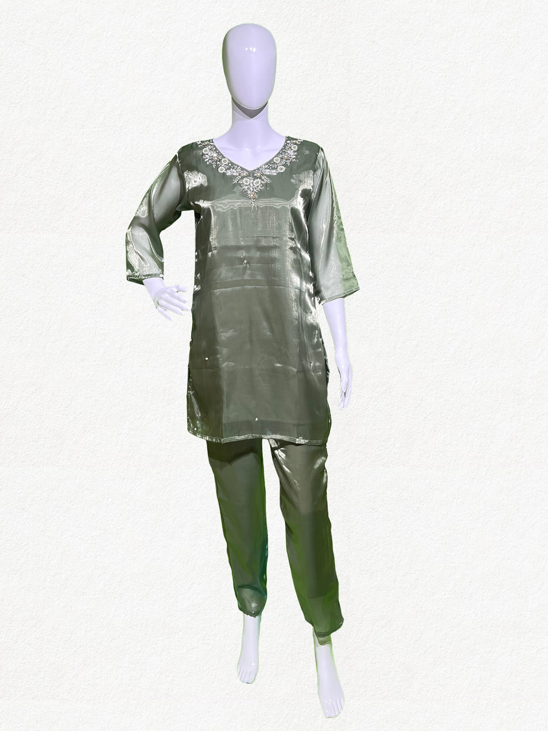 Happiora Sage Shimmer: Embellished Tissue Silk Co-ord Set