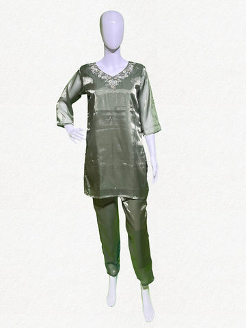 Happiora Sage Shimmer: Embellished Tissue Silk Co-ord Set