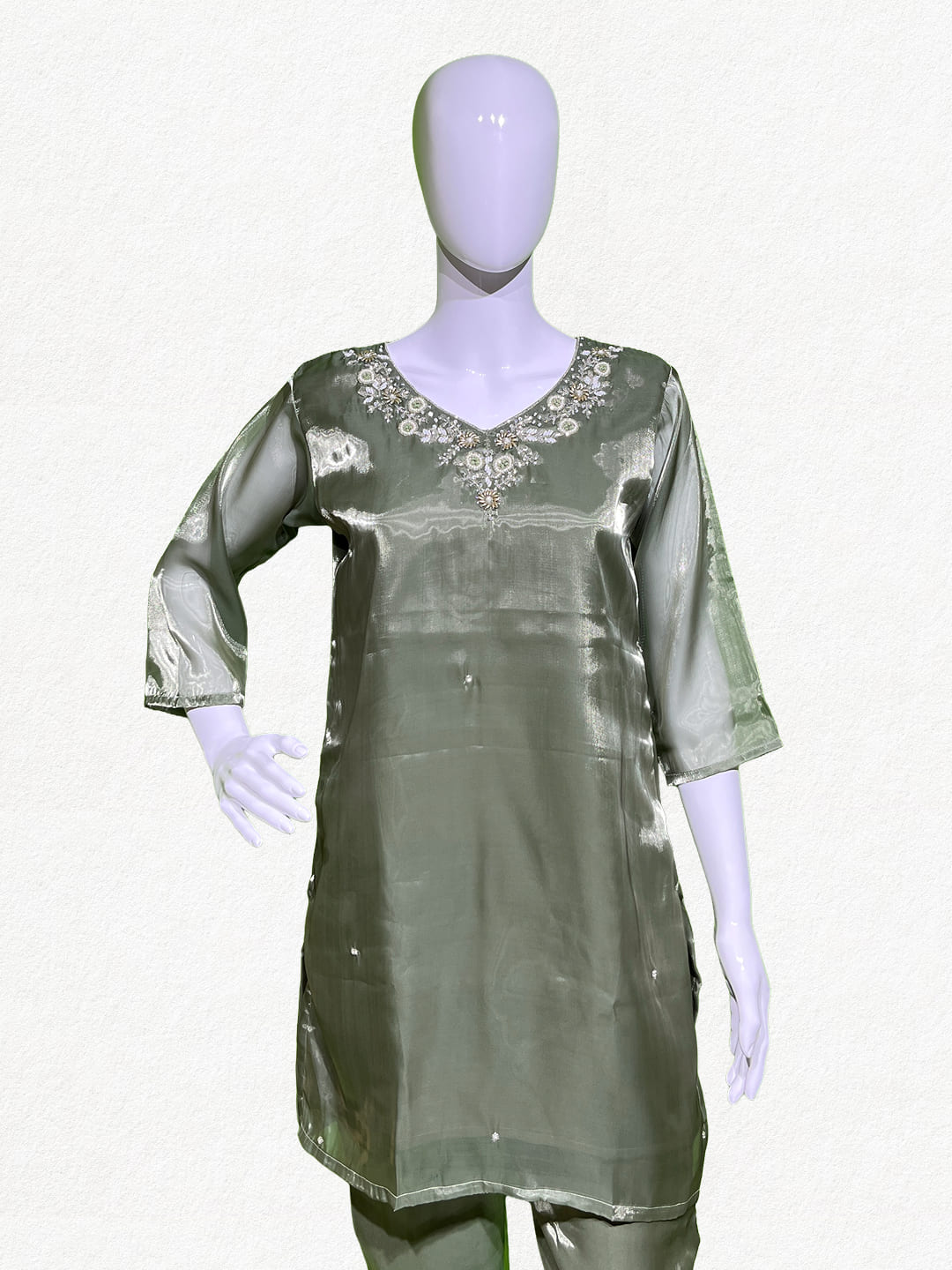 Happiora Sage Shimmer: Embellished Tissue Silk Co-ord Set