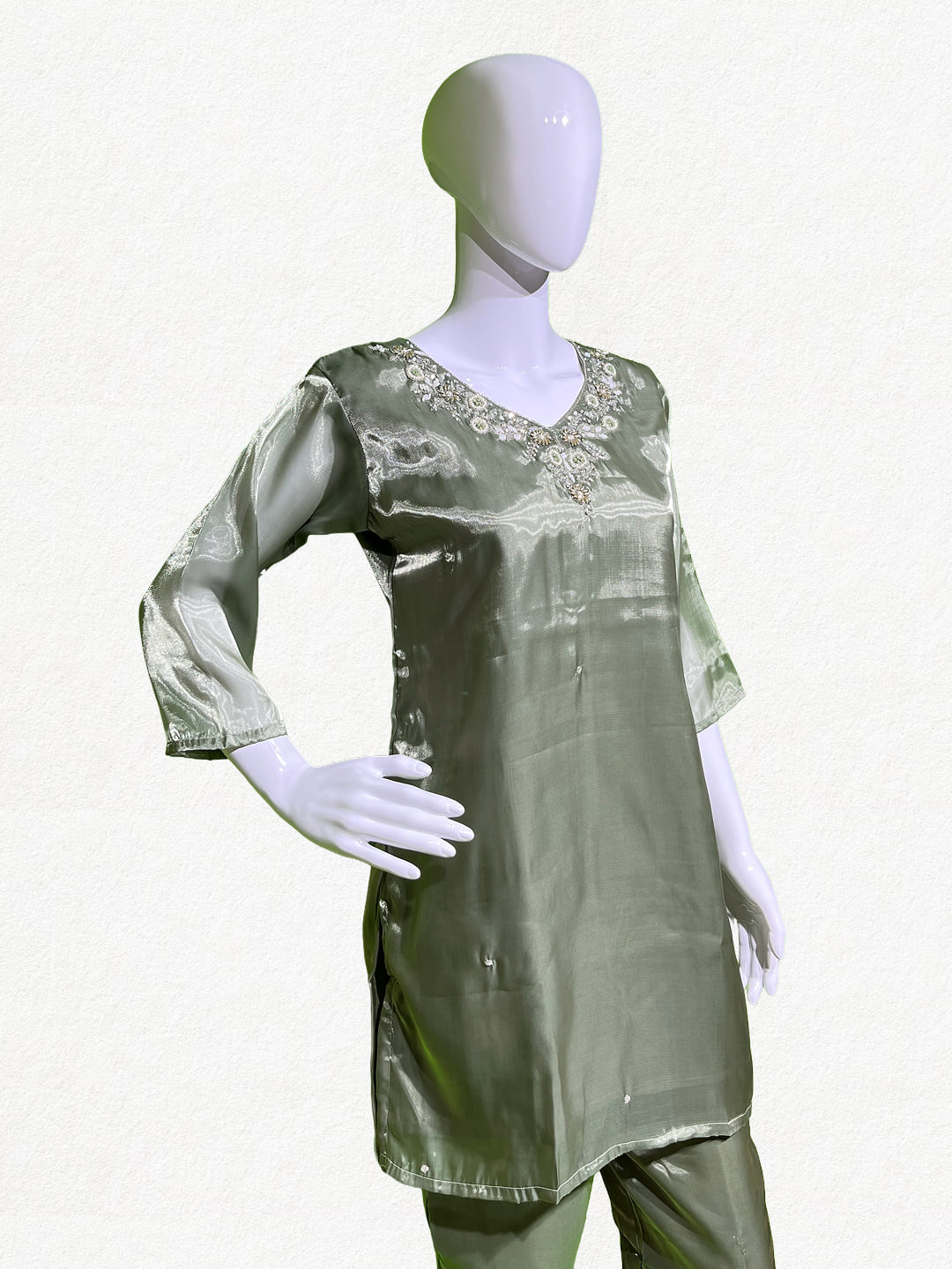 Happiora Sage Shimmer: Embellished Tissue Silk Co-ord Set