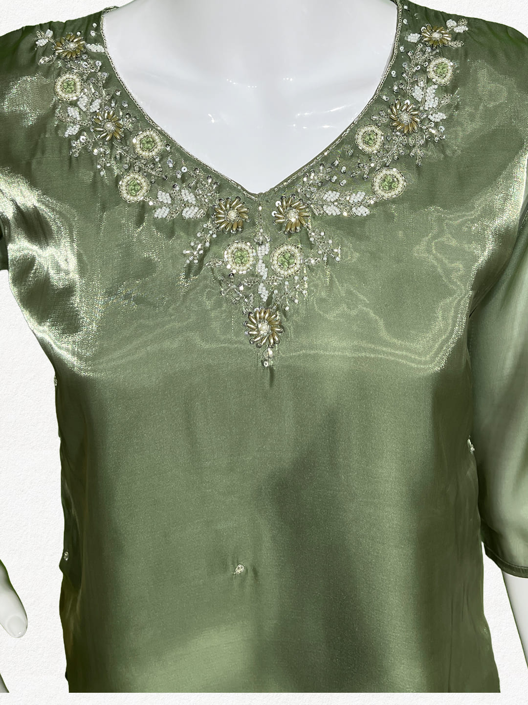 Happiora Sage Shimmer: Embellished Tissue Silk Co-ord Set