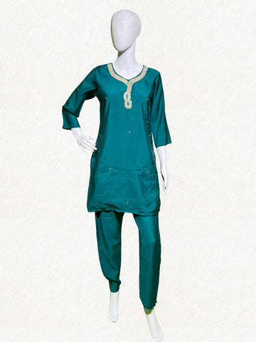 Happiora Teal Pearl: Beaded Neckline Co-ord Set