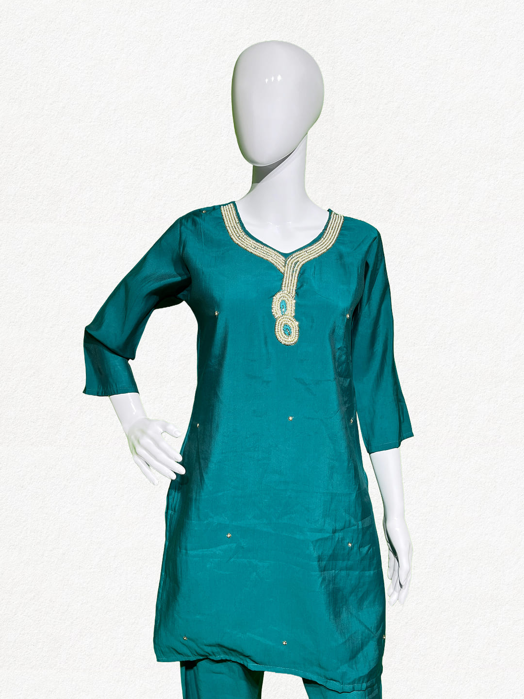Happiora Teal Pearl: Beaded Neckline Co-ord Set