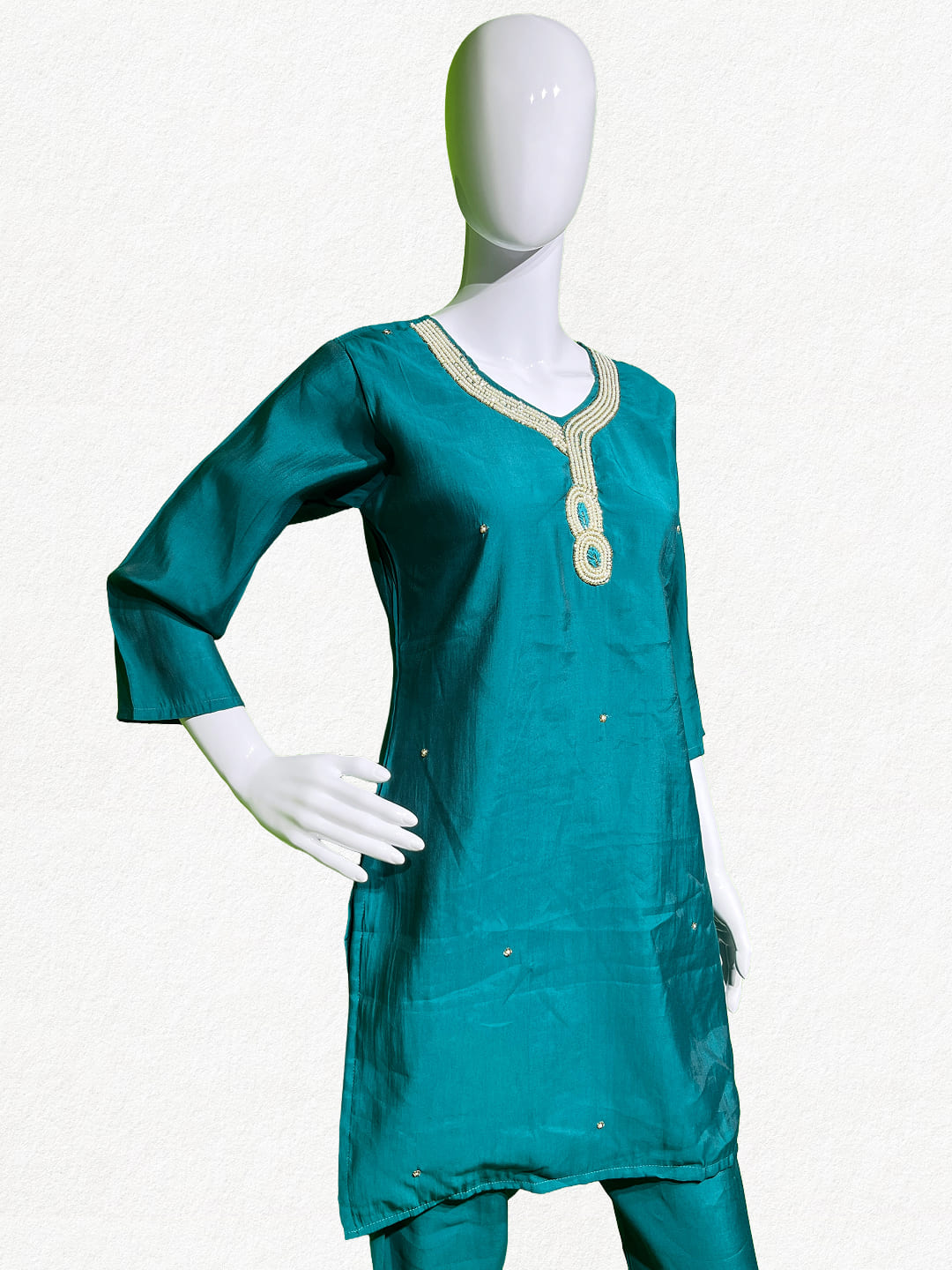 Happiora Teal Pearl: Beaded Neckline Co-ord Set