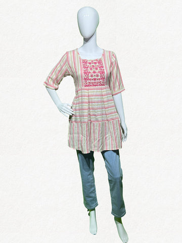 Happiora Berry Stripe: Box Pleated Embroidered Peplum Tunic
