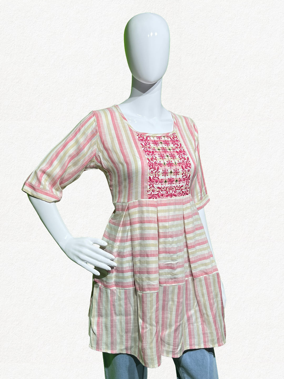 Happiora Berry Stripe: Box Pleated Embroidered Peplum Tunic