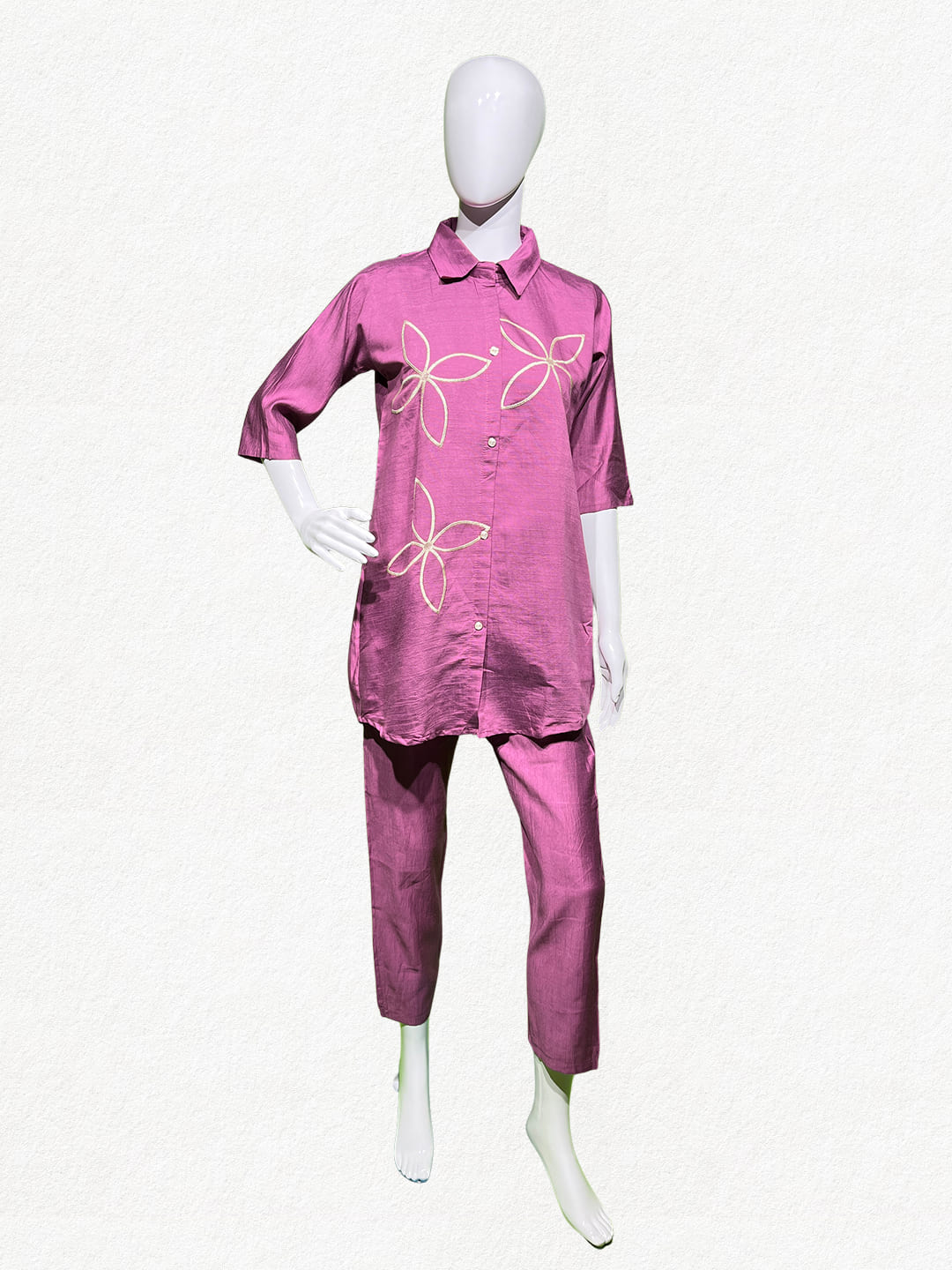Happiora Orchid Canvas: Line-Art Embroidered Co-ord Set
