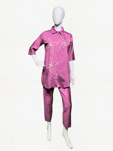 Happiora Orchid Canvas: Line-Art Embroidered Co-ord Set