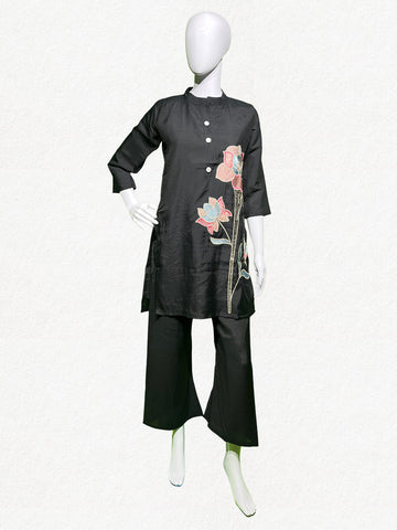 Happiora Midnight Lotus: Botanical Embroidered Co-ord Set