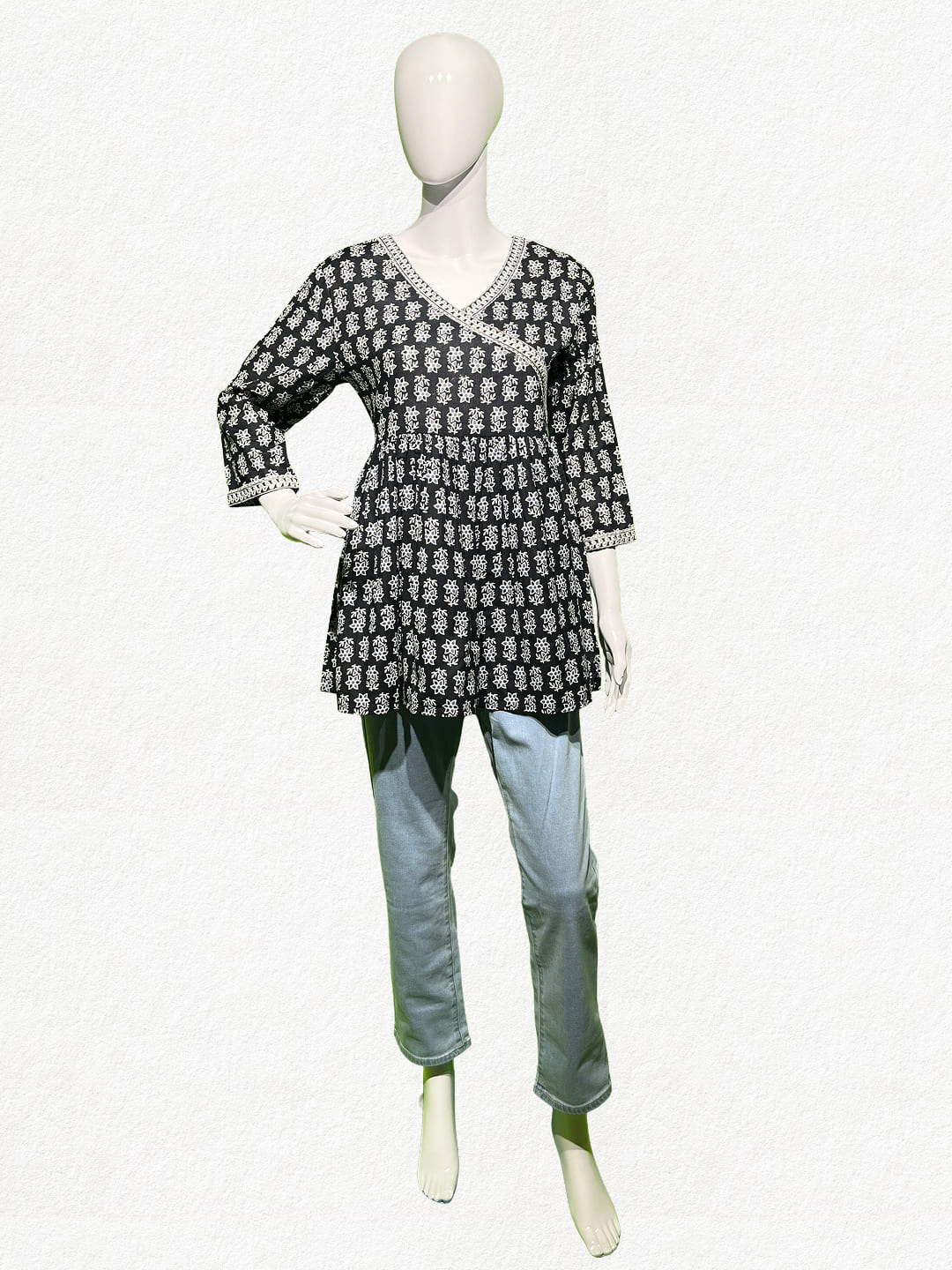 Happiora Midnight Bloom: Black Angrakha Style Peplum Tunic