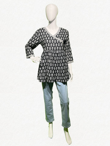 Happiora Midnight Bloom: Black Angrakha Style Peplum Tunic