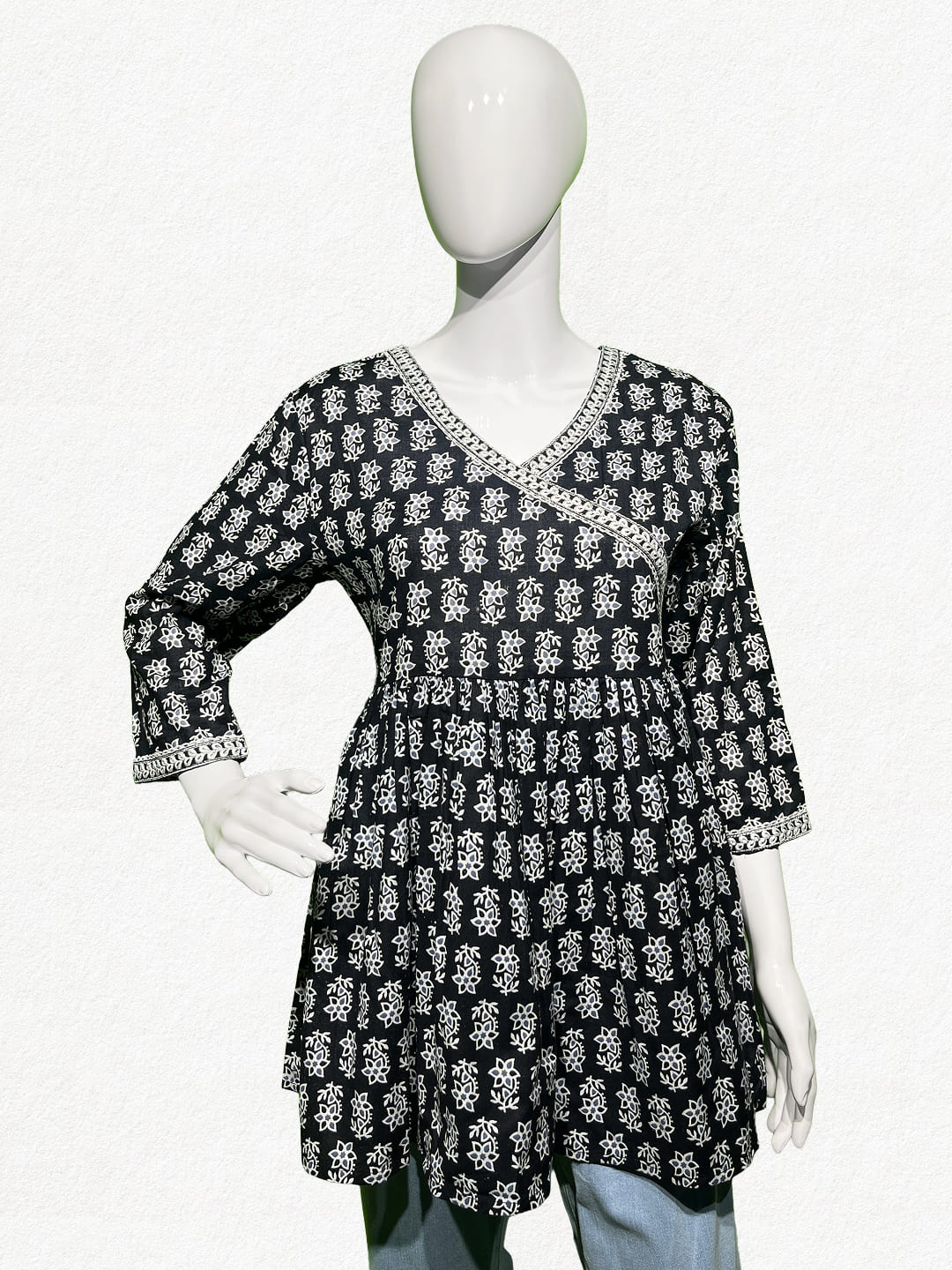 Happiora Midnight Bloom: Black Angrakha Style Peplum Tunic