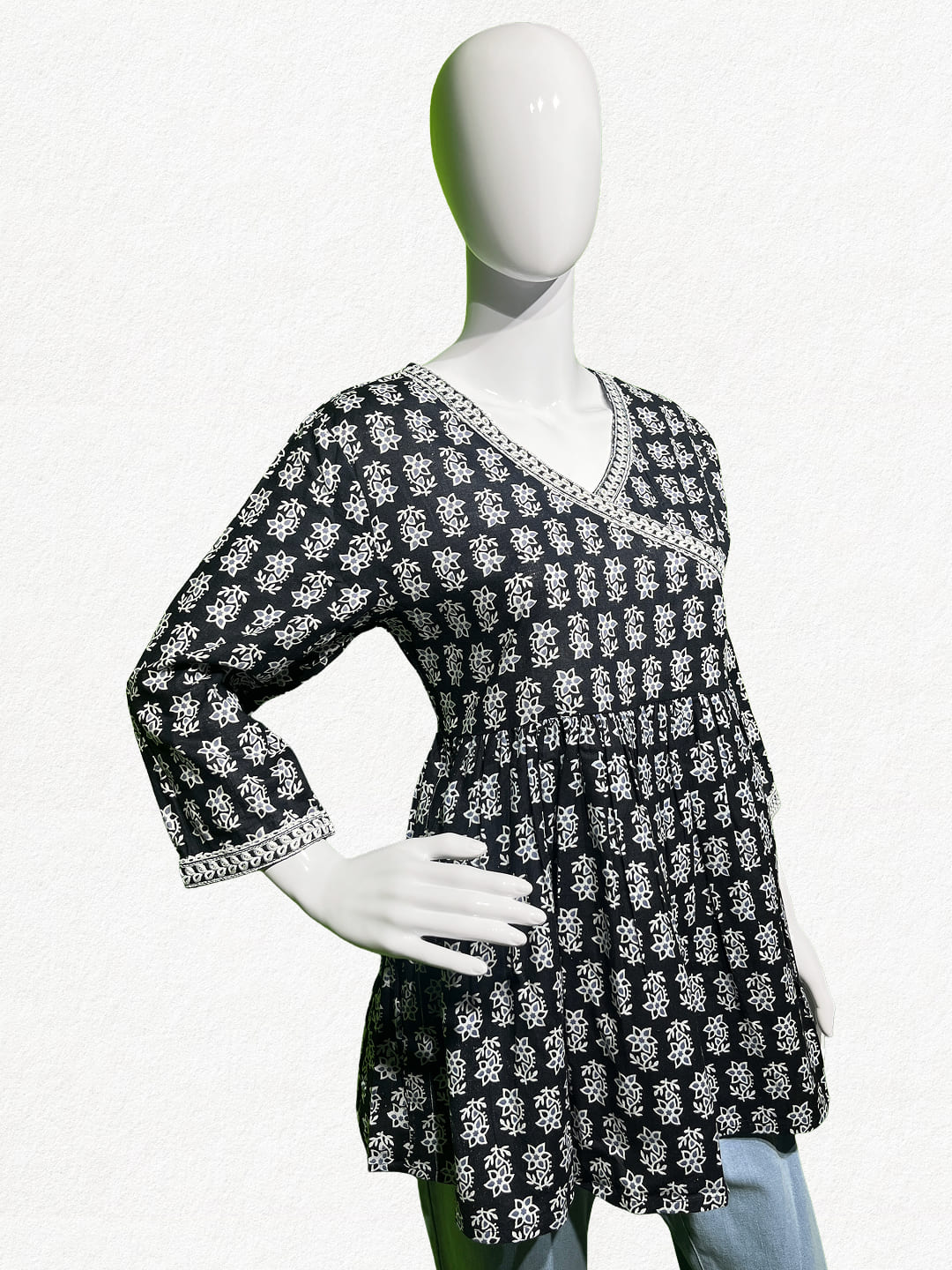 Happiora Midnight Bloom: Black Angrakha Style Peplum Tunic