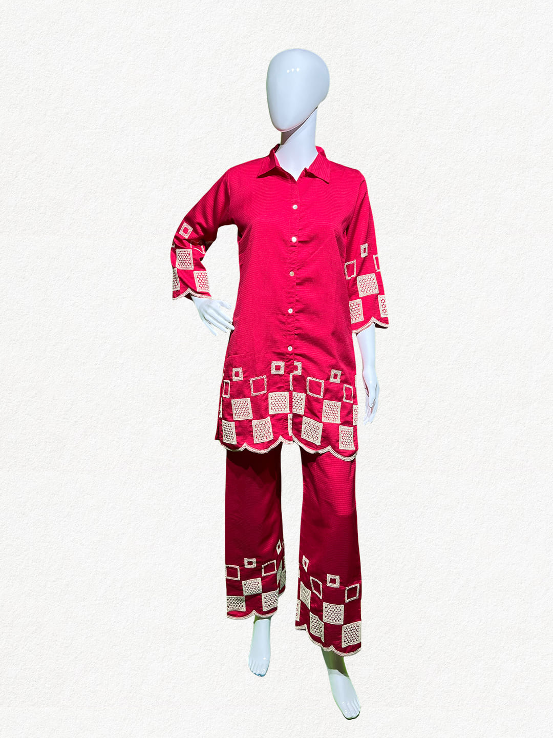 Happiora Ruby Mosaic: Geometric Embroidered Co-ord Set