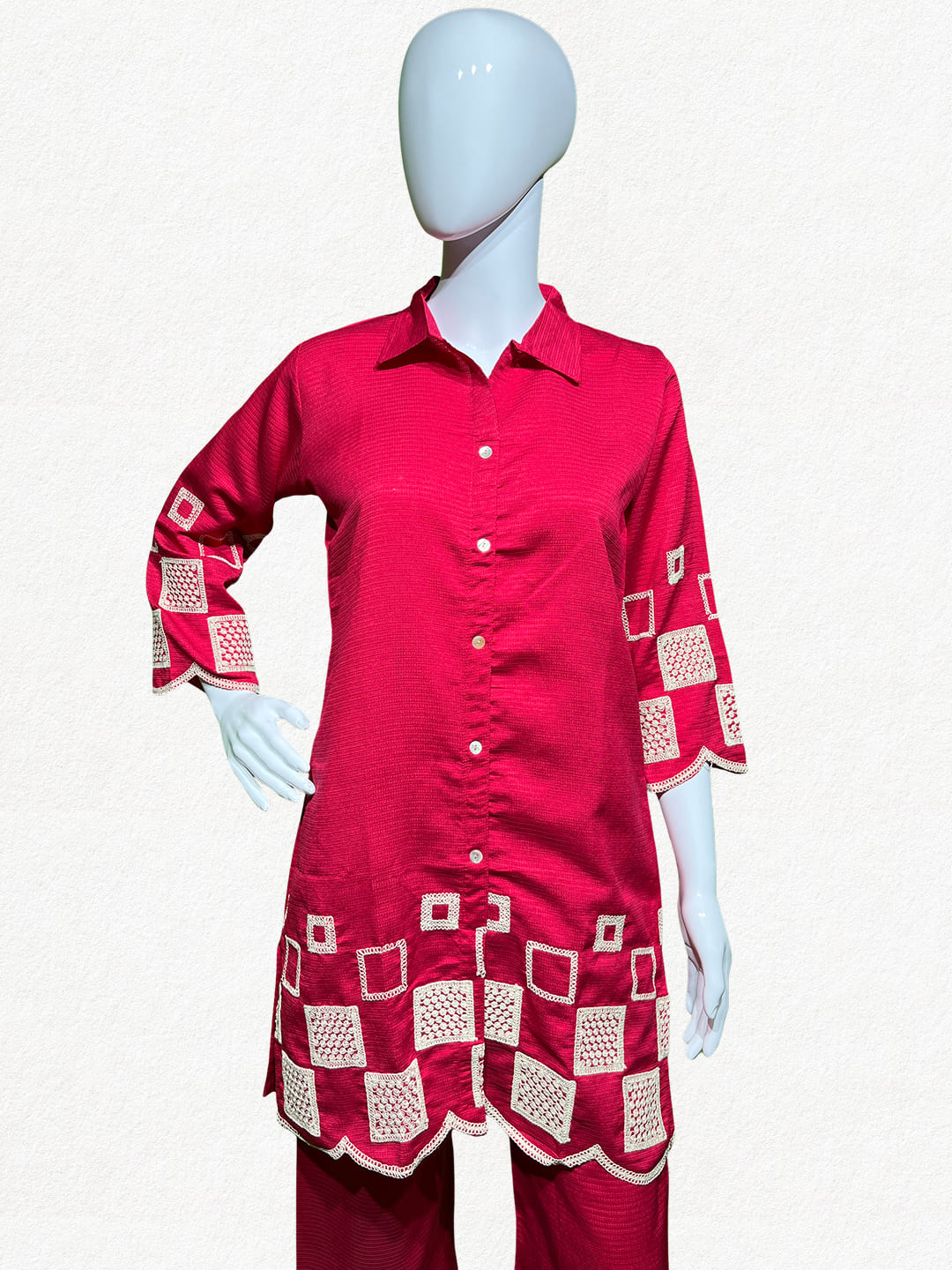Happiora Ruby Mosaic: Geometric Embroidered Co-ord Set