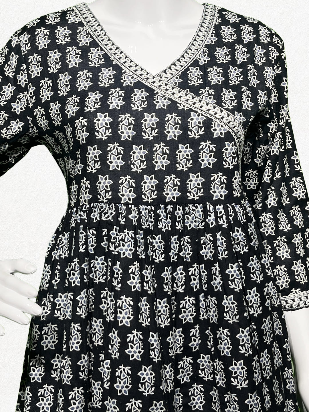 Happiora Midnight Bloom: Black Angrakha Style Peplum Tunic