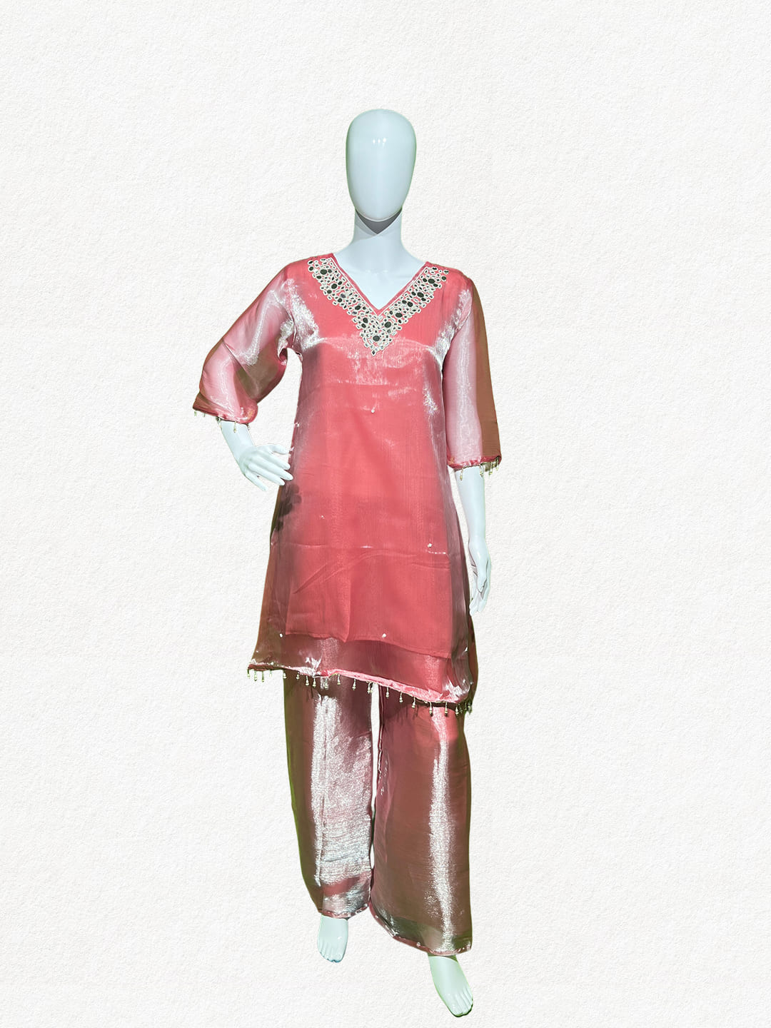 Happiora Rose Gleam: Mirror-Embellished Tissue Silk Co-ord Set