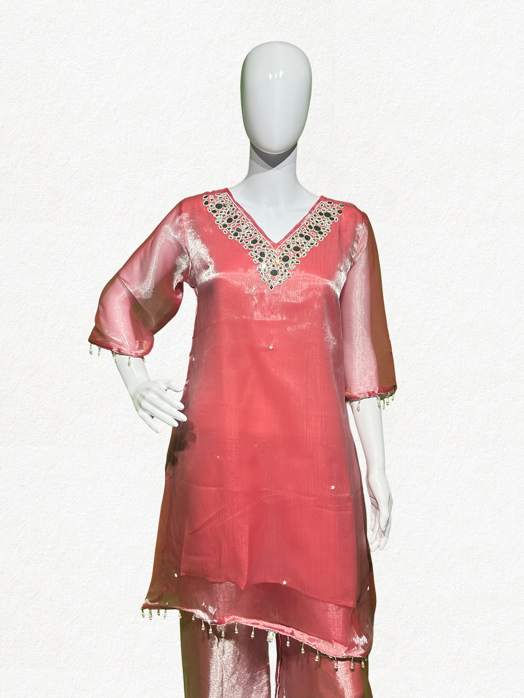 Happiora Rose Gleam: Mirror-Embellished Tissue Silk Co-ord Set