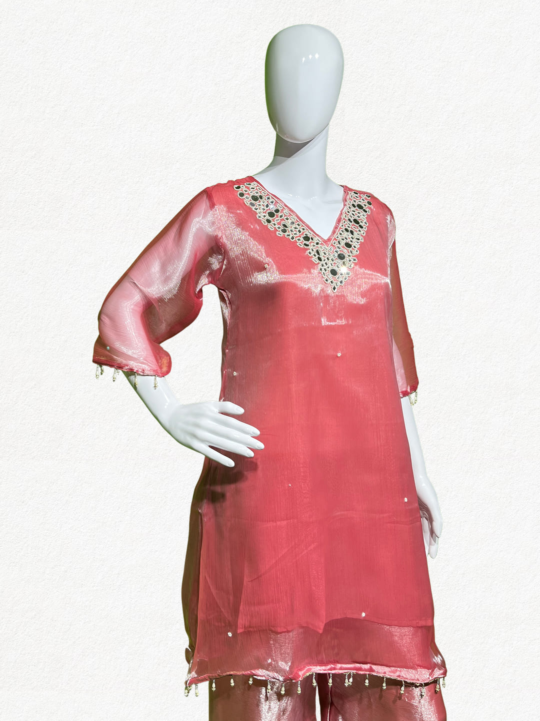 Happiora Rose Gleam: Mirror-Embellished Tissue Silk Co-ord Set