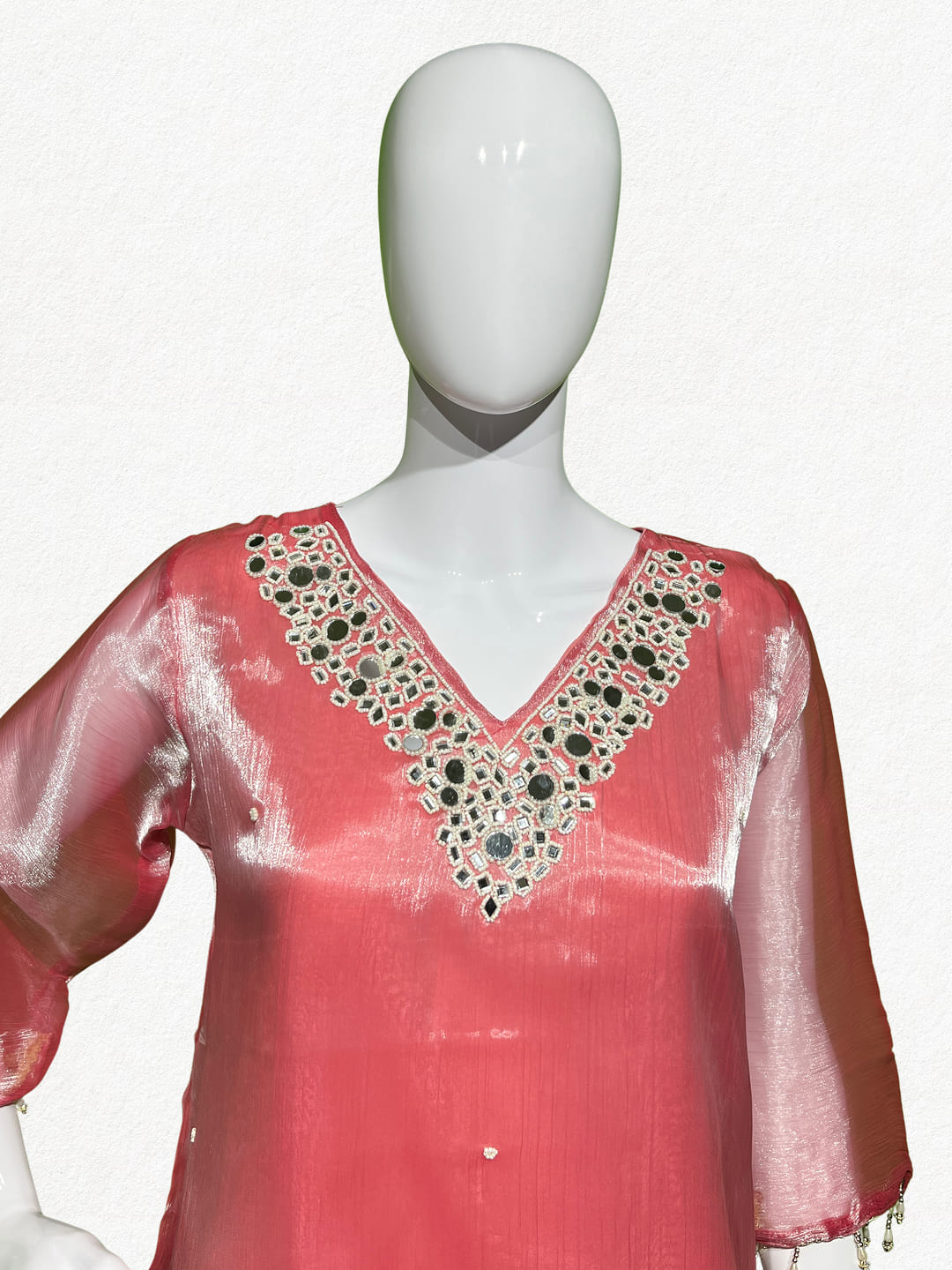 Happiora Rose Gleam: Mirror-Embellished Tissue Silk Co-ord Set